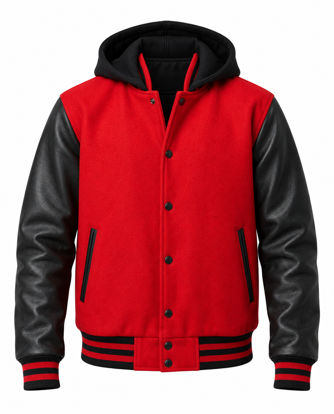 Red Wool Varsity Jacket With Hood Black Leather Sleeves Front View