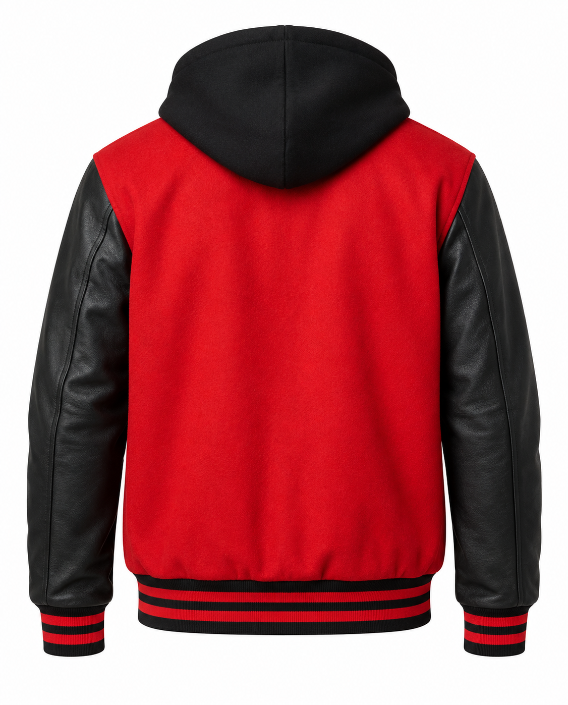 Red Wool Varsity Jacket With Hood Black Leather Sleeves Back View