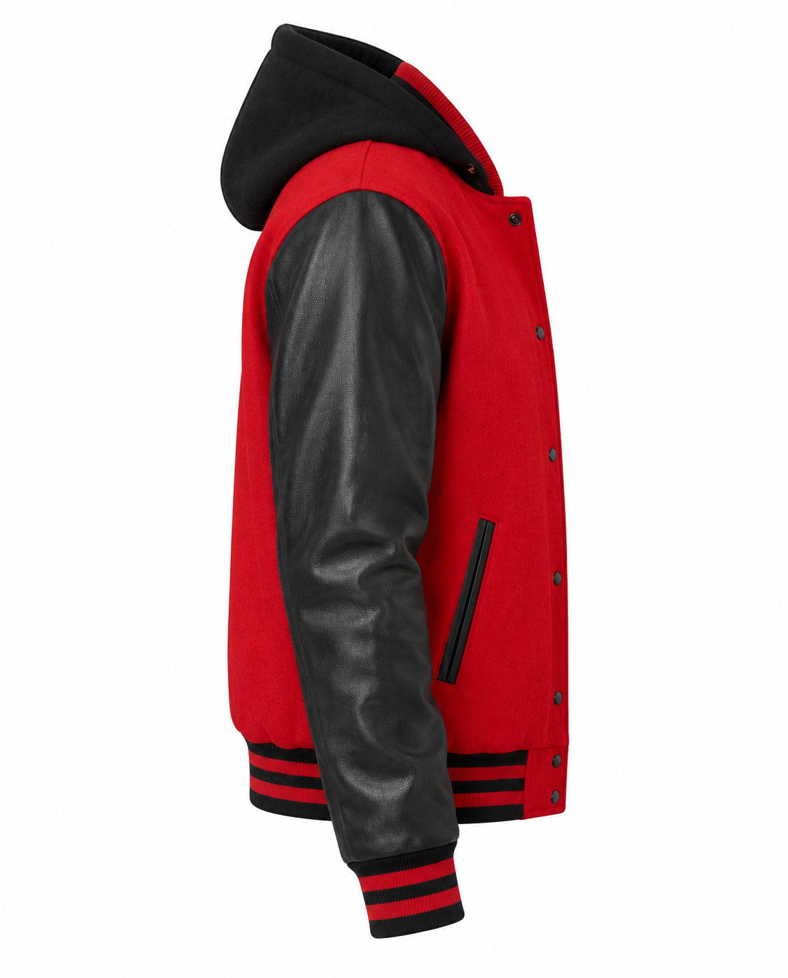 Red Wool Varsity Jacket With Hood Black Leather Sleeves Right Sleeve View