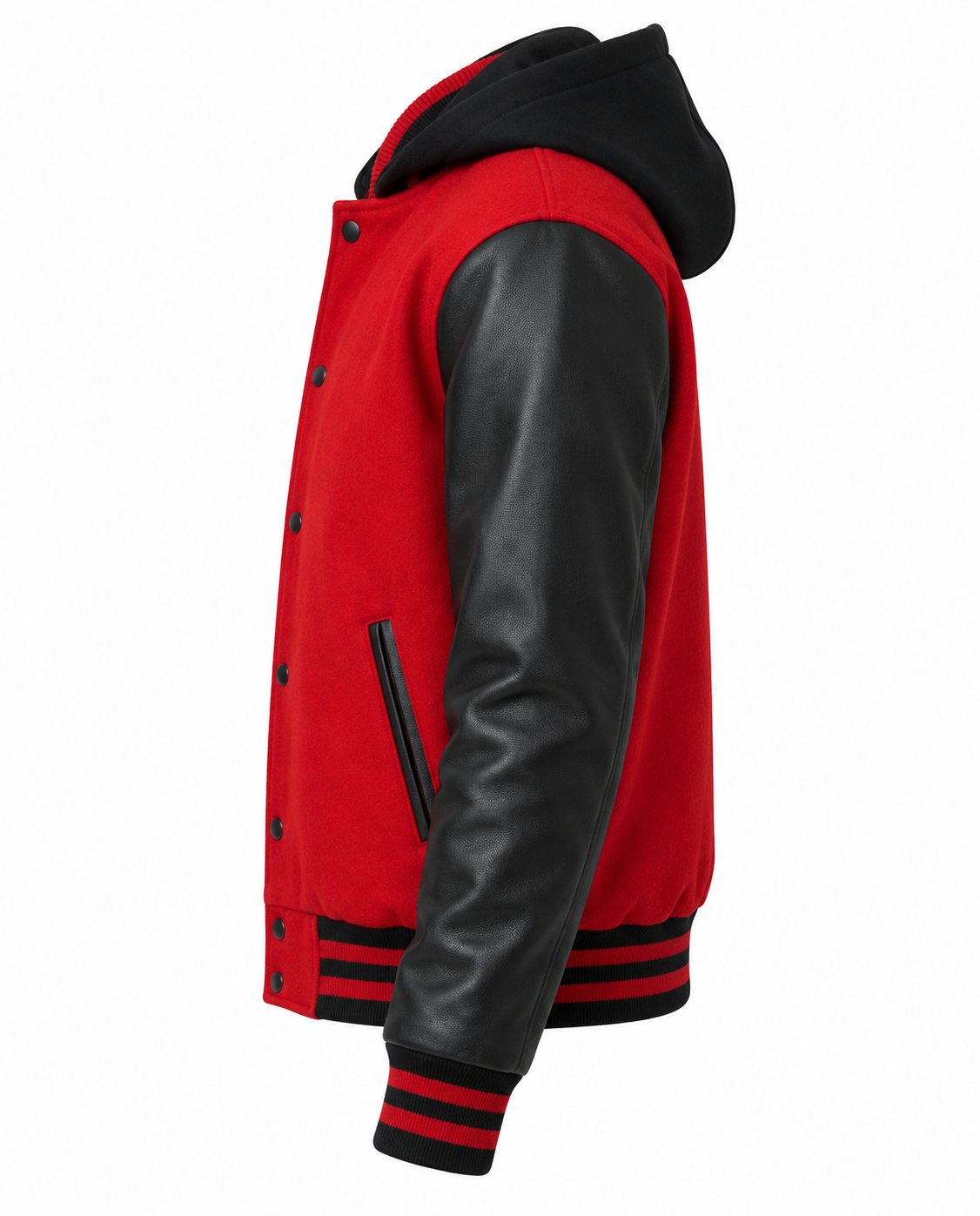 Red Wool Varsity Jacket With Hood Black Leather Sleeves Left Sleeve View