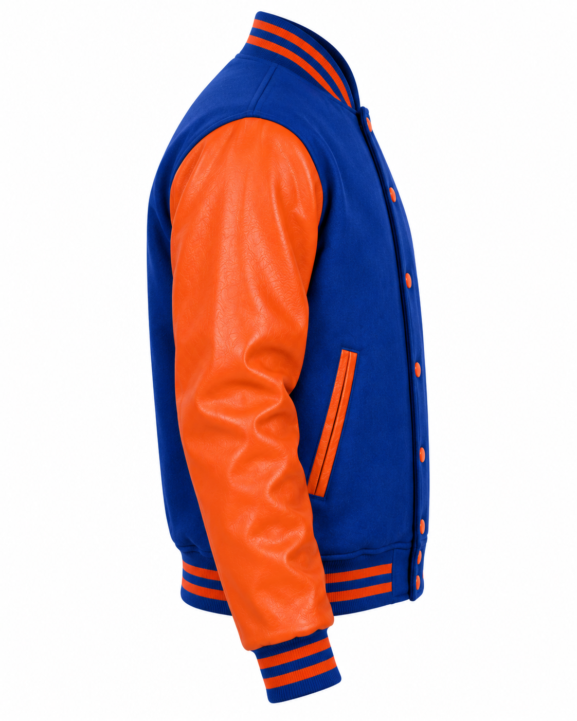 Blue & Orange Vinyl Sleeves Letterman Jacket Right Sleeve View