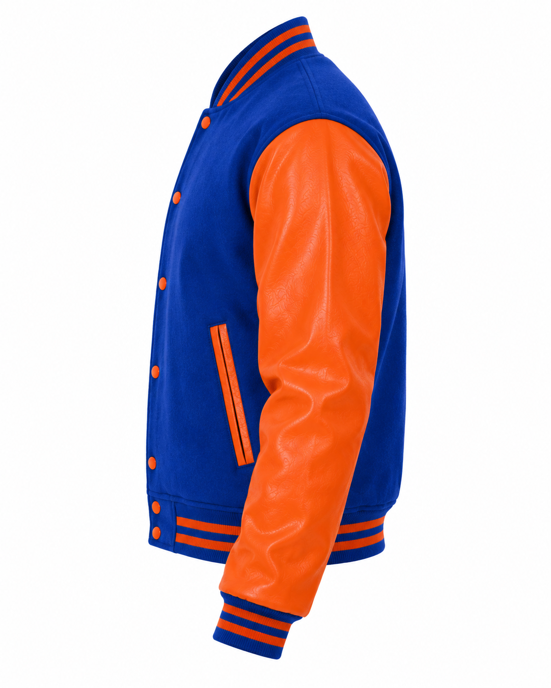 Blue & Orange Vinyl Sleeves Letterman Jacket Left Sleeve View