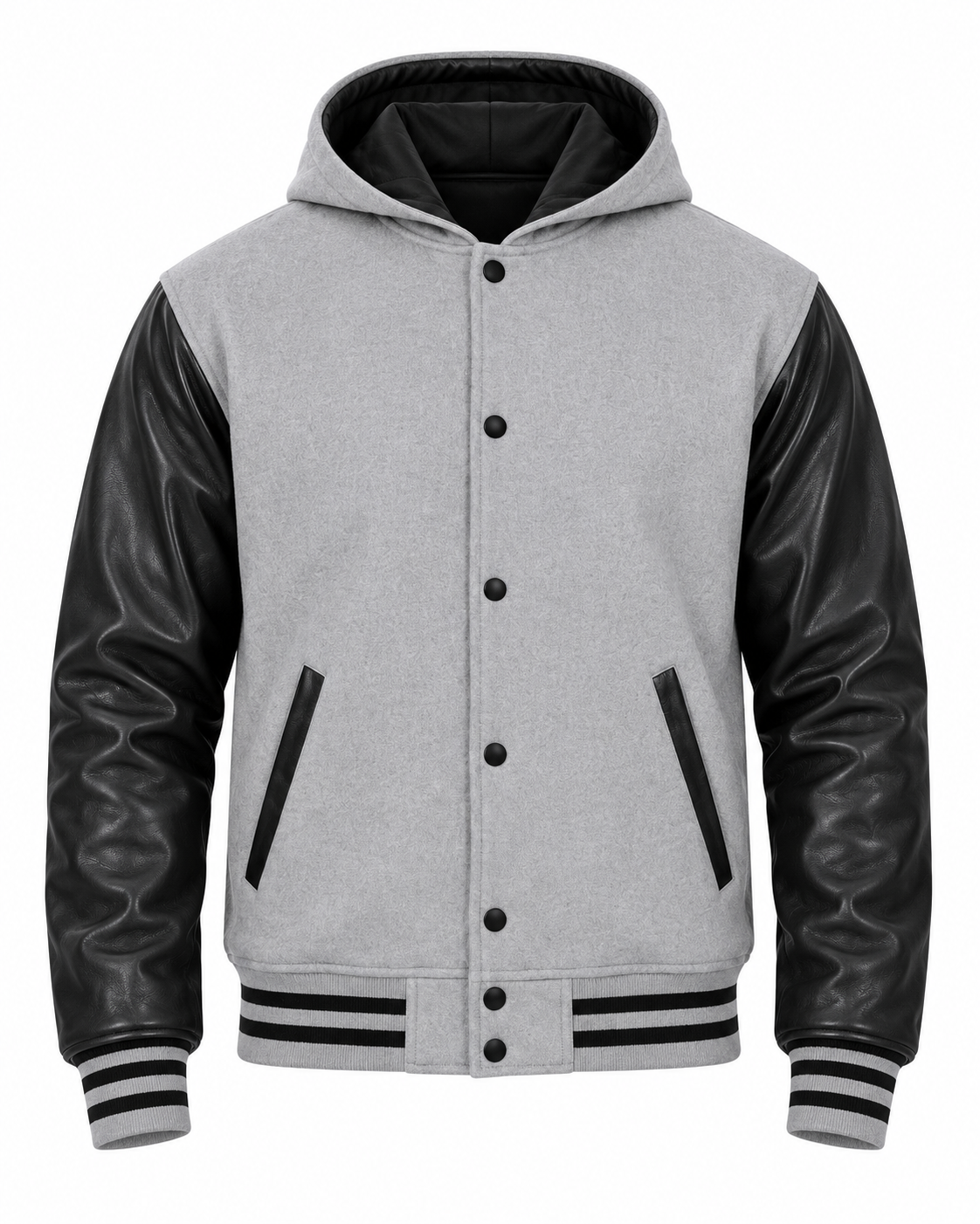 Light Grey Wool and Black Leather Sleeves Varsity Hoodie Front View