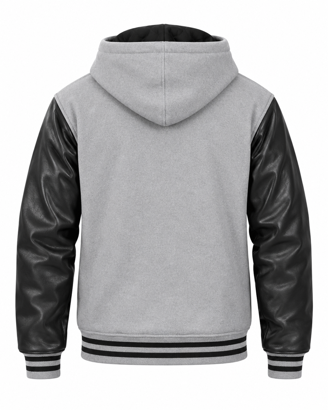 Light Grey Wool and Black Leather Sleeves Varsity Hoodie Back View