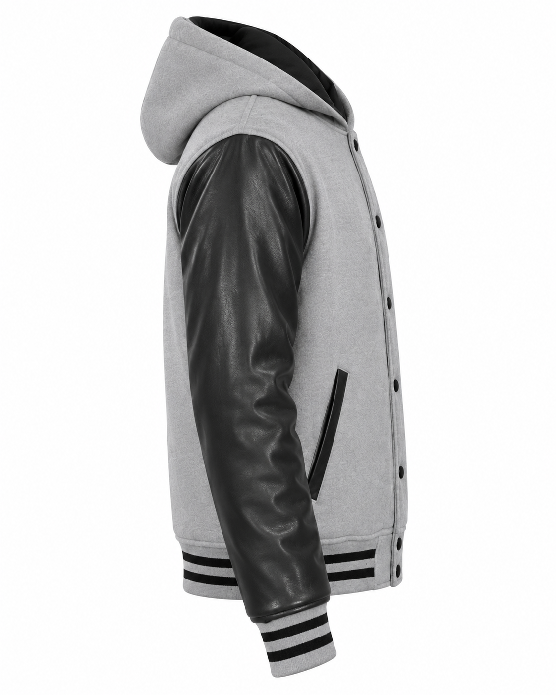 Light Grey Wool and Black Leather Sleeves Varsity Hoodie Right Sleeve View