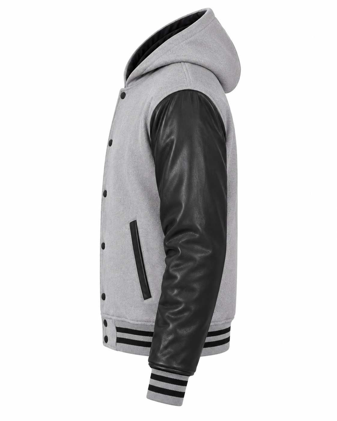 Light Grey Wool and Black Leather Sleeves Varsity Hoodie Left Sleeve View