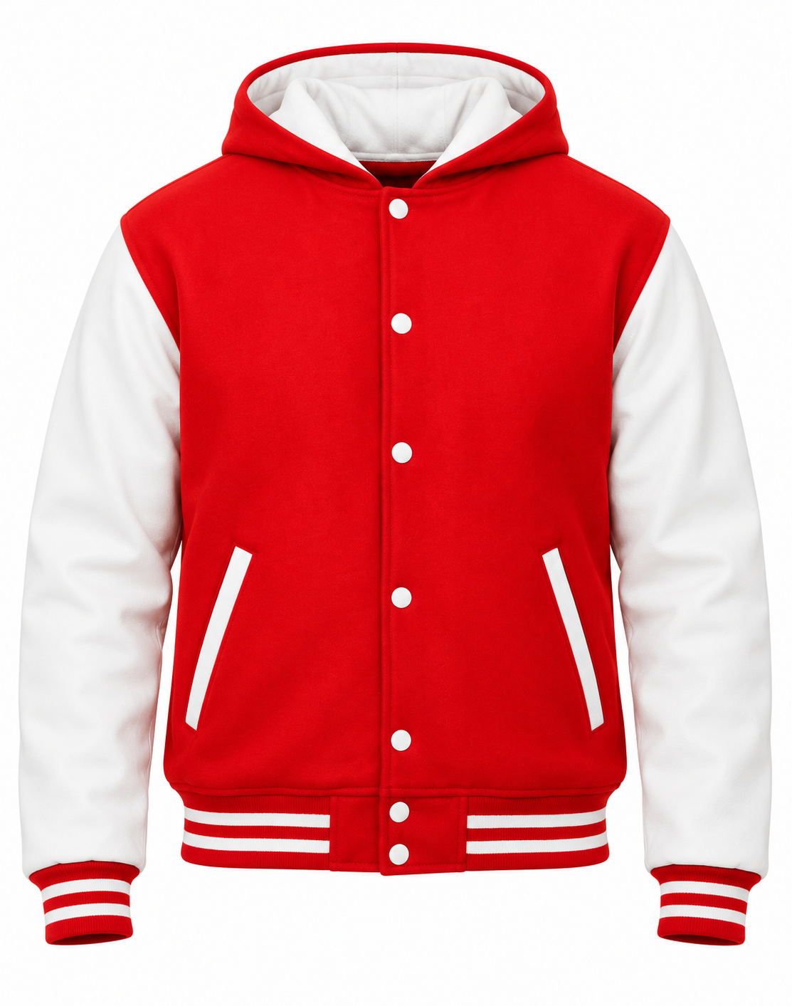 Red Wool and White Leather Sleeves Varsity Jacket with Hood Front View