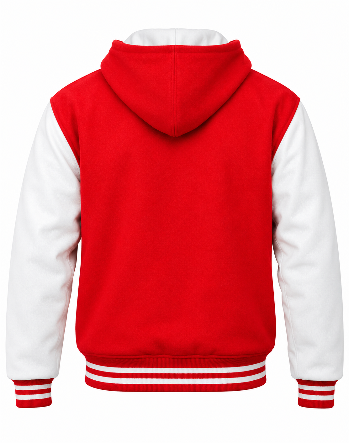 Red Wool and White Leather Sleeves Varsity Jacket with Hood Back View