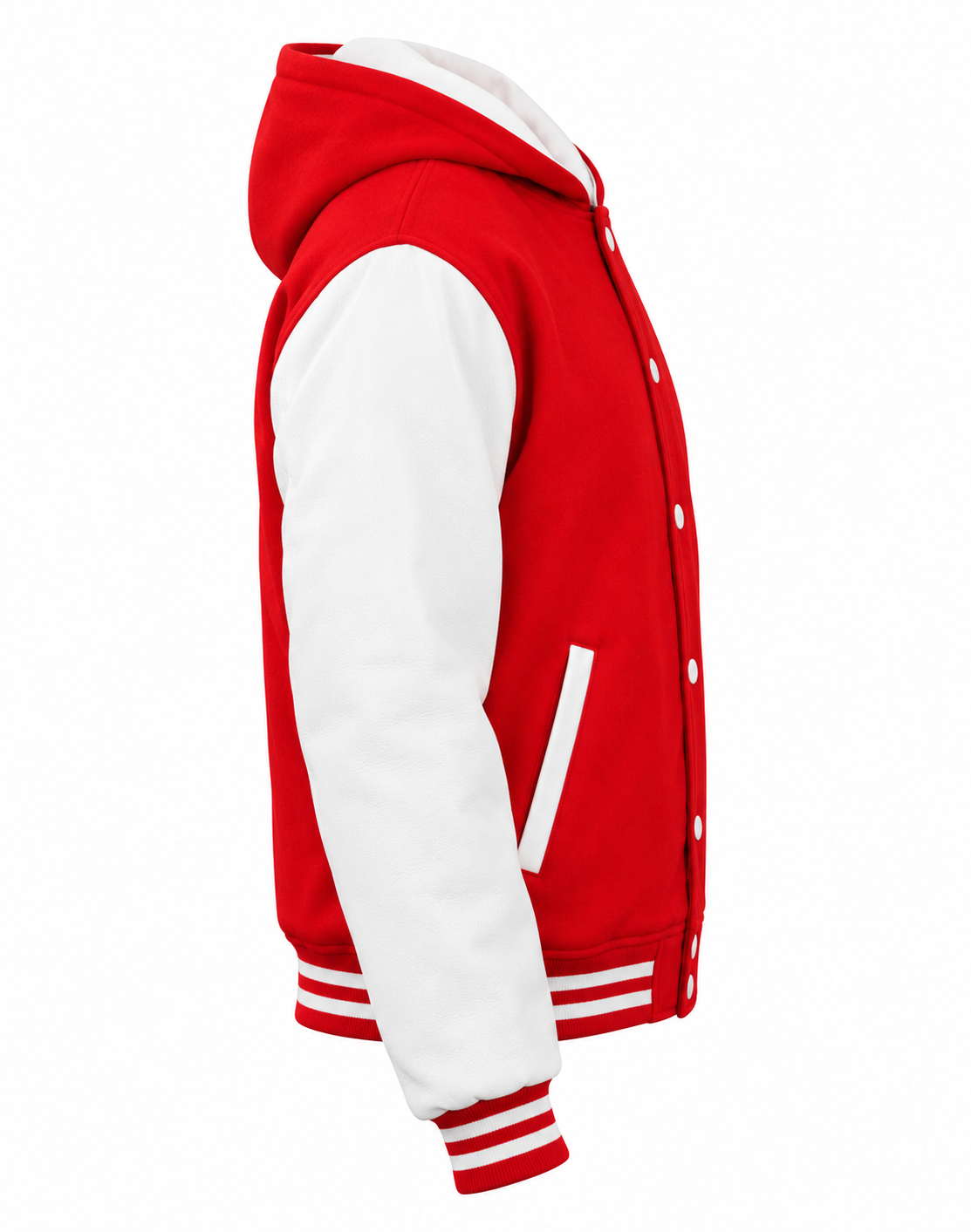 Red Wool and White Leather Sleeves Varsity Jacket with Hood Right Sleeve View