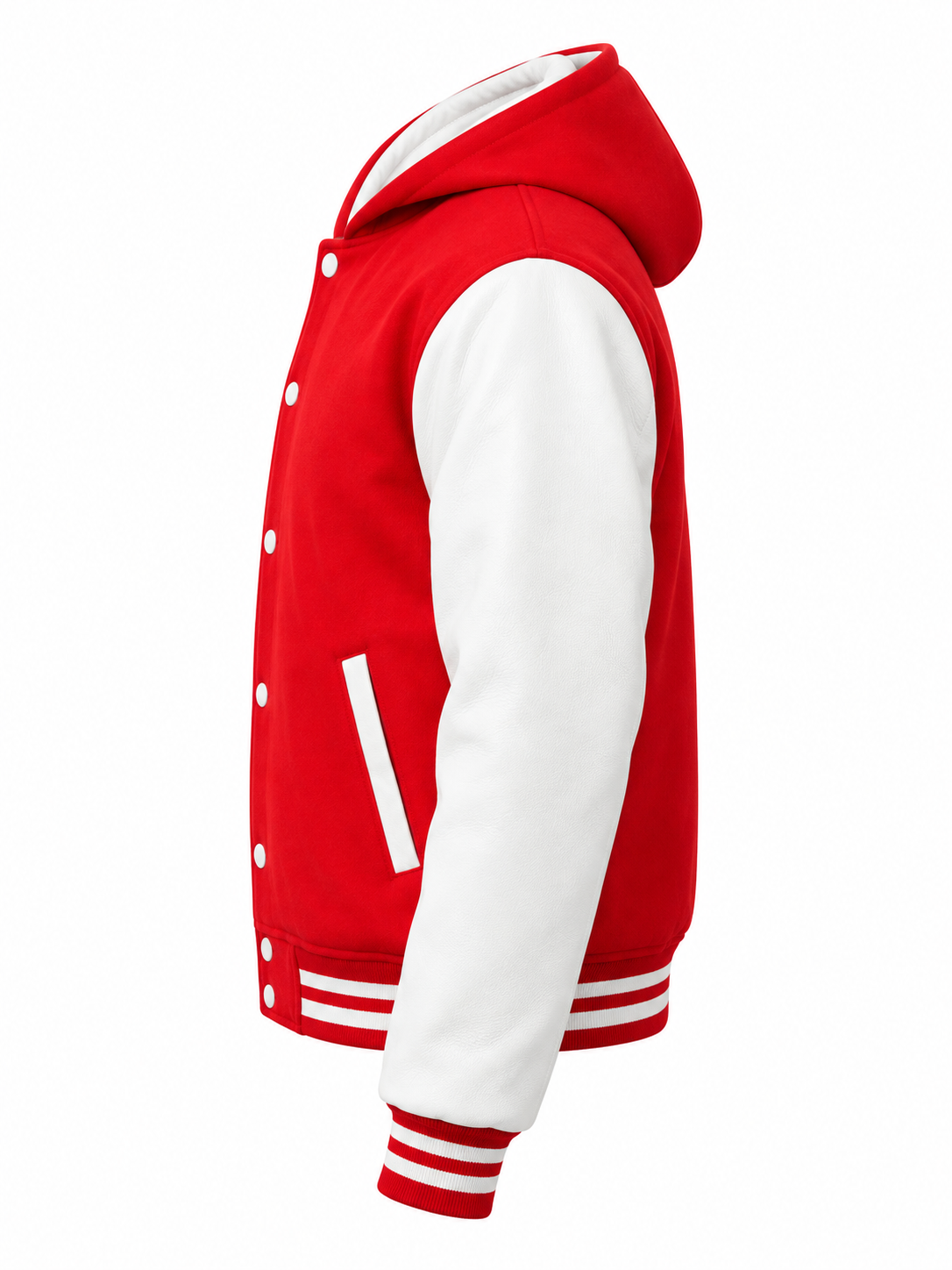 Red Wool and White Leather Sleeves Varsity Jacket with Hood Left Sleeve View