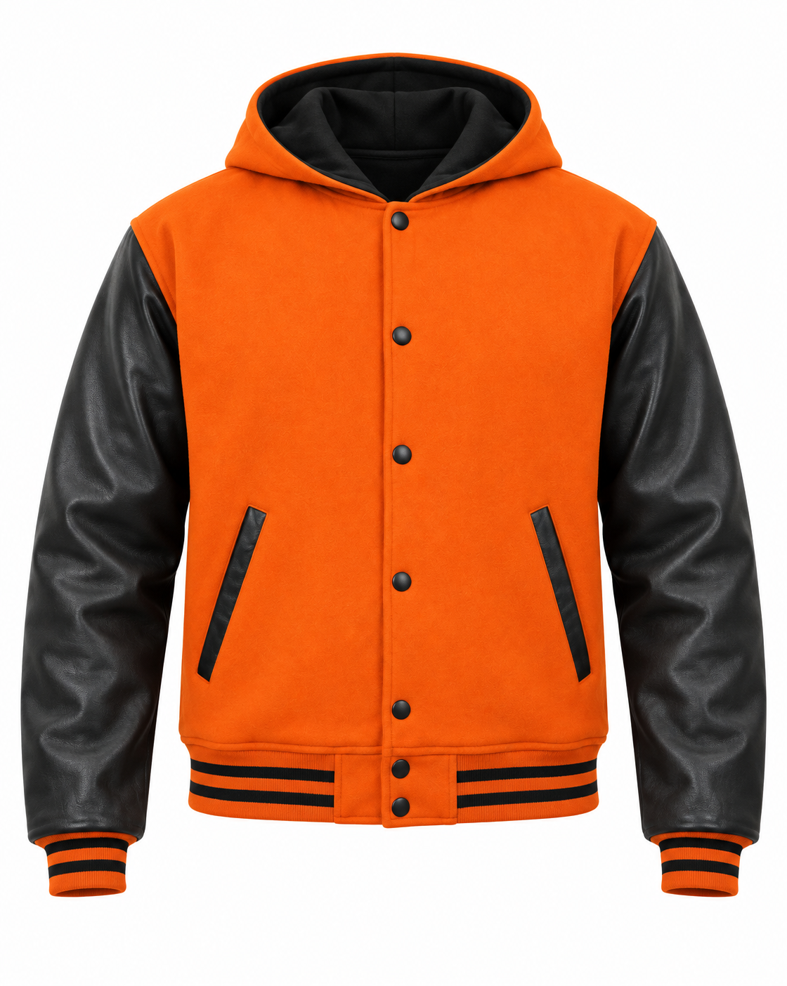 Orange Wool and Black Leather Sleeves Hooded Jacket Front View