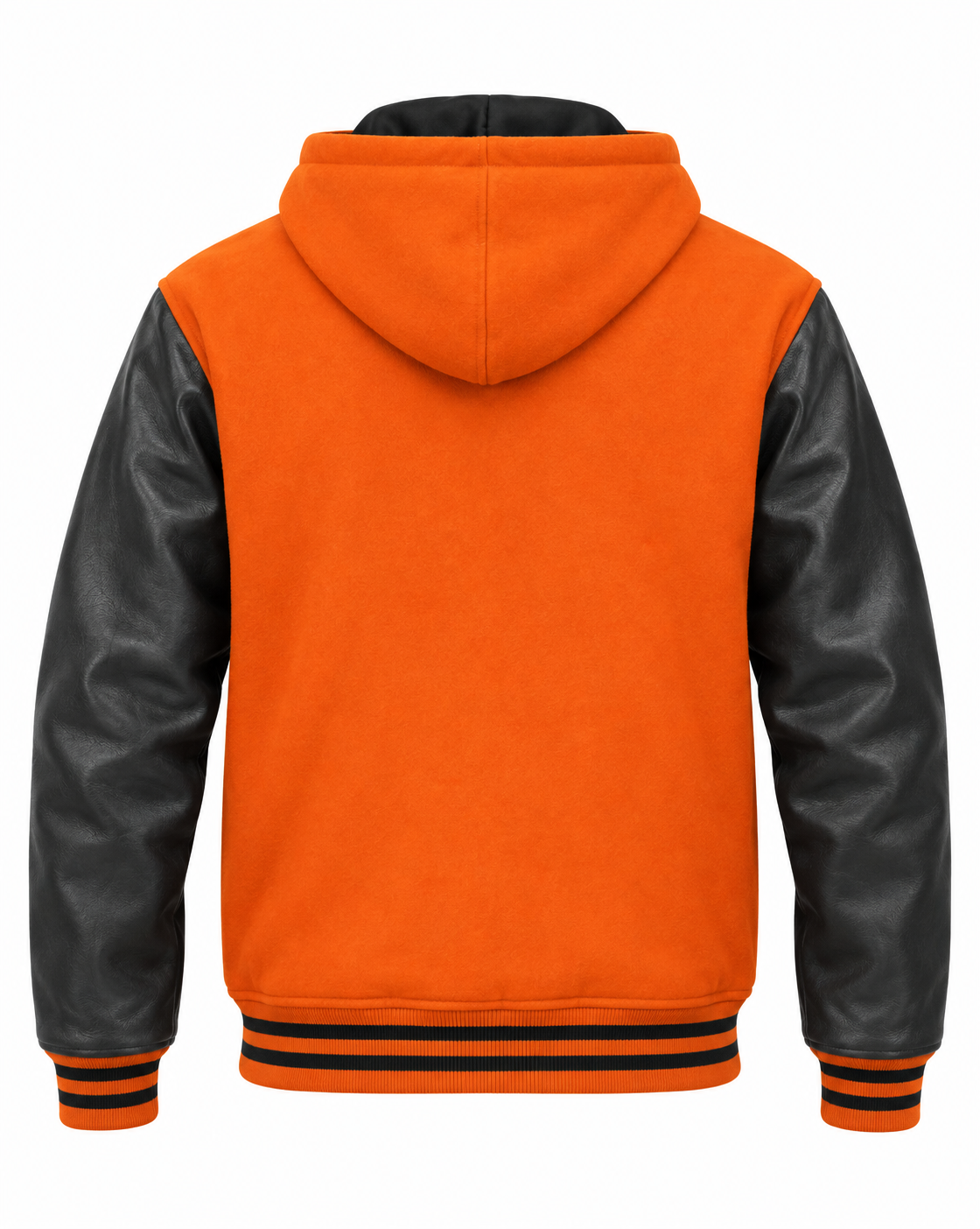Orange Wool and Black Leather Sleeves Hooded Jacket Back View