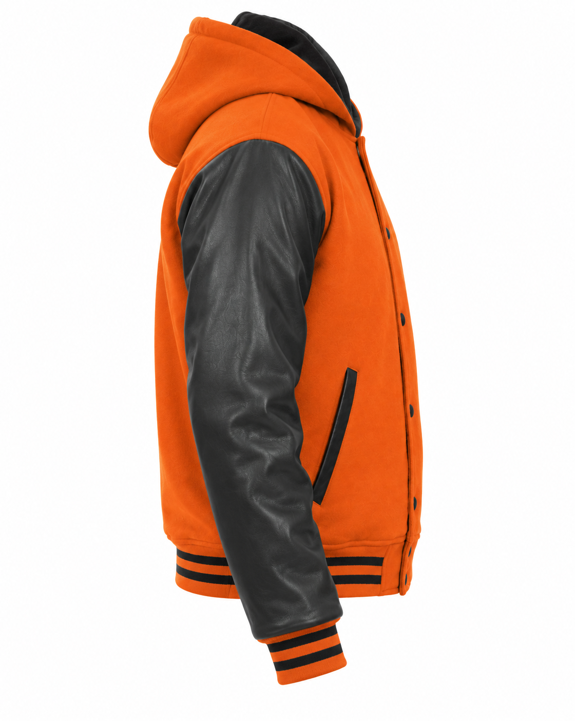 Orange Wool and Black Leather Sleeves Hooded Jacket Right Sleeve View