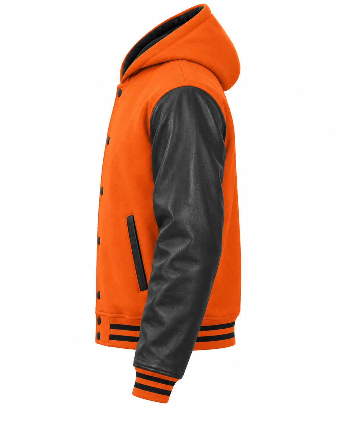 Orange Wool and Black Leather Sleeves Hooded Jacket Left Sleeve View