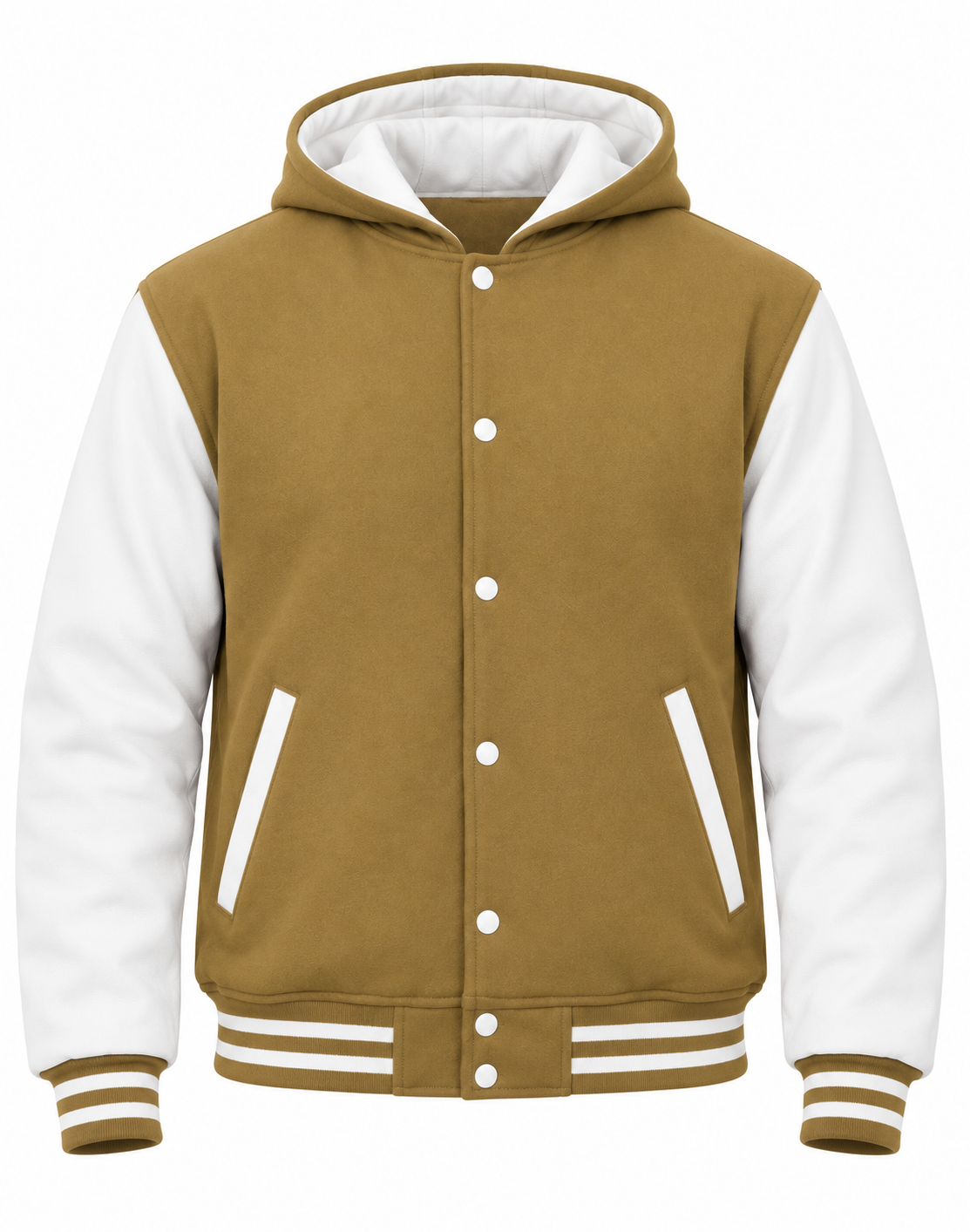 Camel Brown Wool and White Leather Sleeves Varsity Jacket with Hood Front View