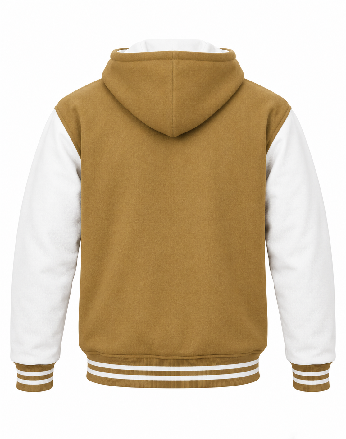 Camel Brown Wool and White Leather Sleeves Varsity Jacket with Hood Back View