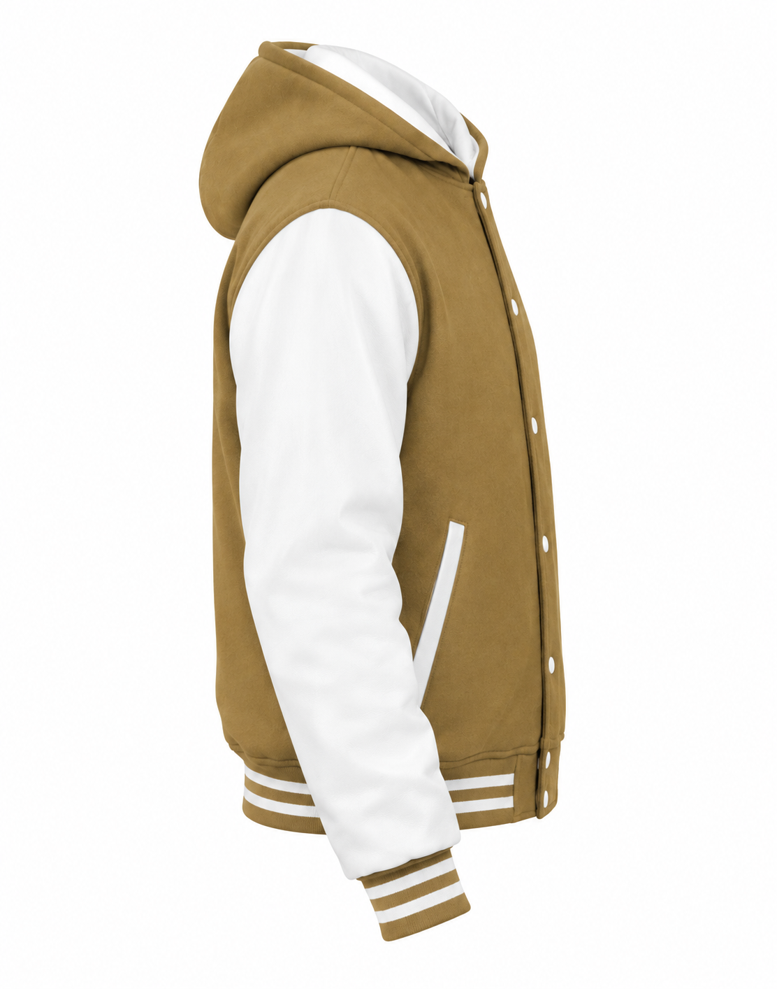 Camel Brown Wool and White Leather Sleeves Varsity Jacket with Hood Right Sleeve View