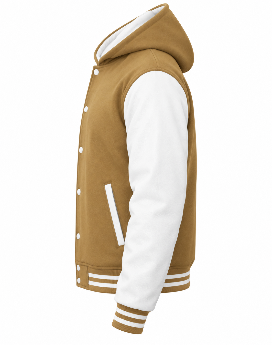 Camel Brown Wool and White Leather Sleeves Varsity Jacket with Hood Left Sleeve View