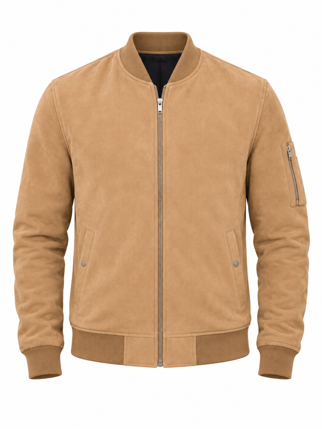 Camel Brown Suede Leather Bomber Jacket Front View