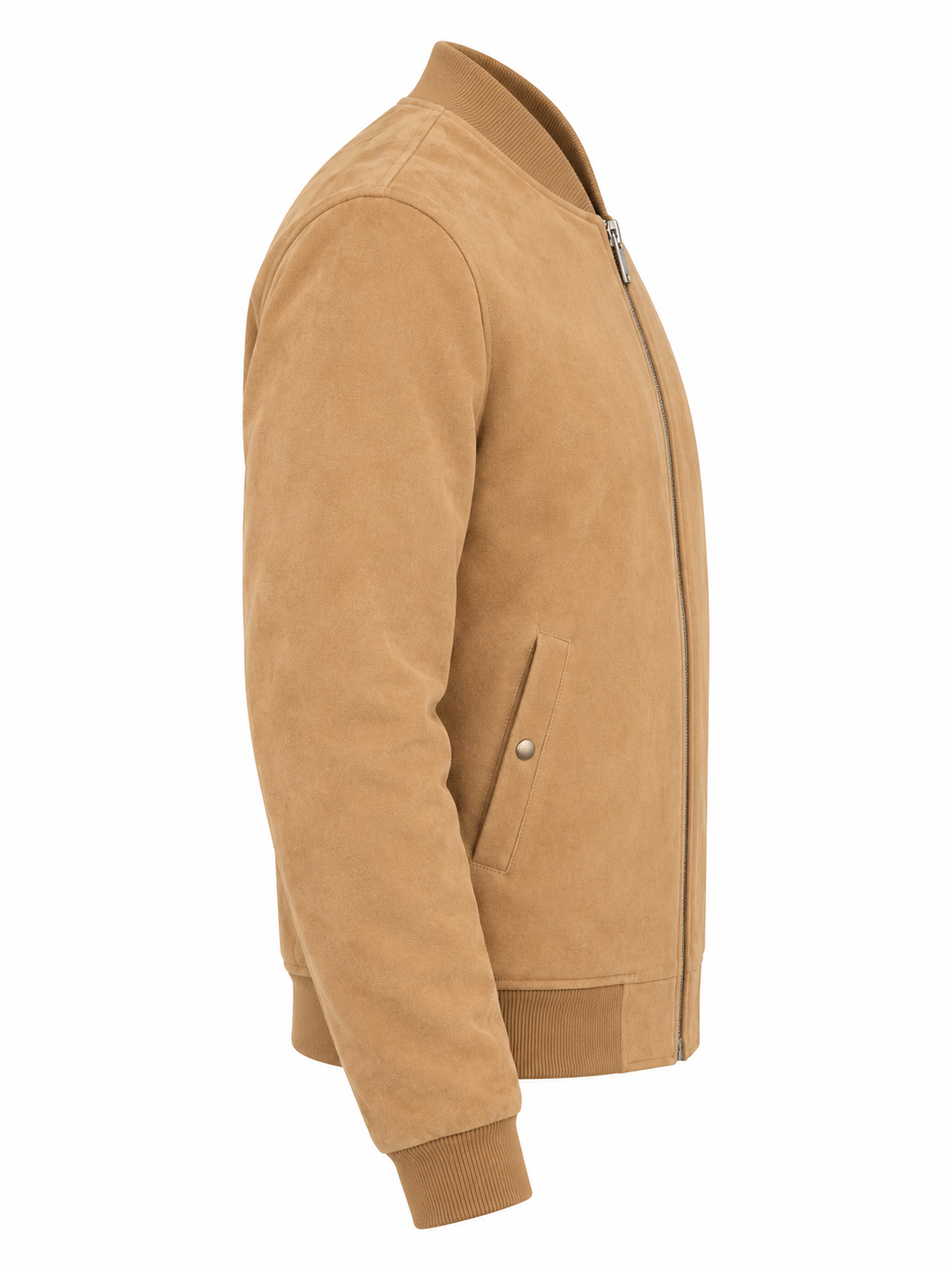Camel Brown Suede Leather Bomber Jacket Right Sleeve View