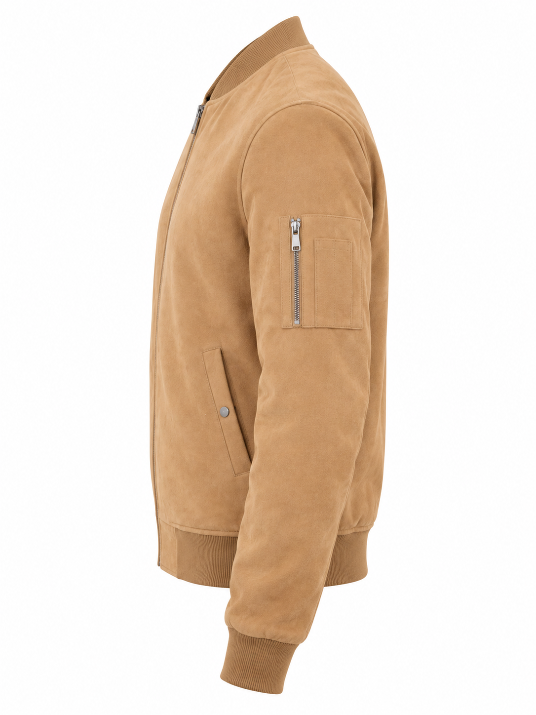 Camel Brown Suede Leather Bomber Jacket Left Sleeve View