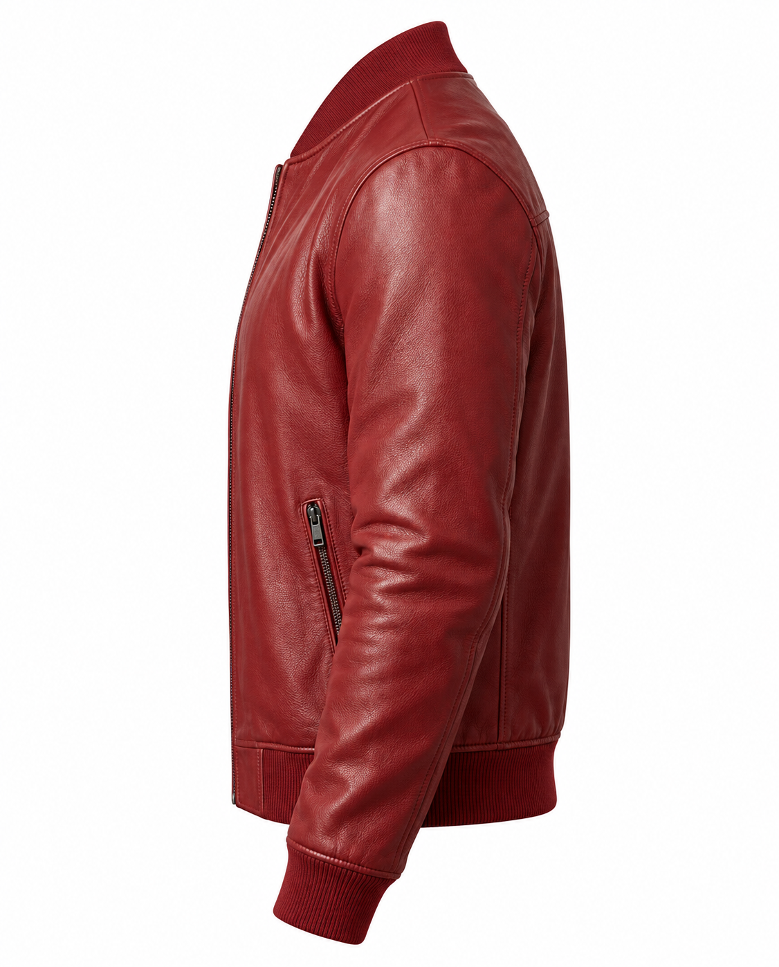 Red Sheep Leather Bomber Jacket Left Sleeve View