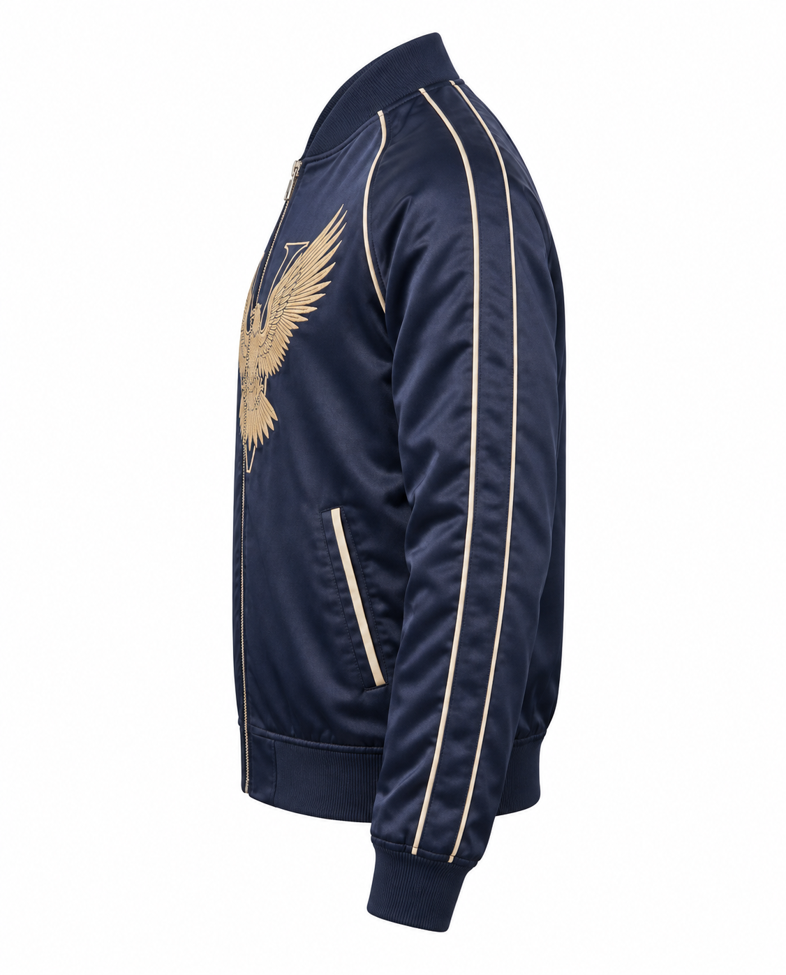 Bomber Jacket With Piping Satin Women Girls Mens Left Sleeve View