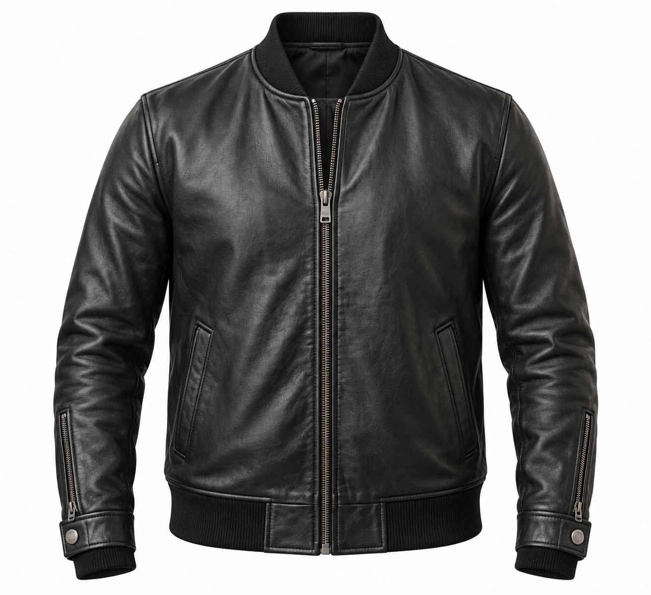 Stylish Black Sheep Leather Bomber Jacket Front View