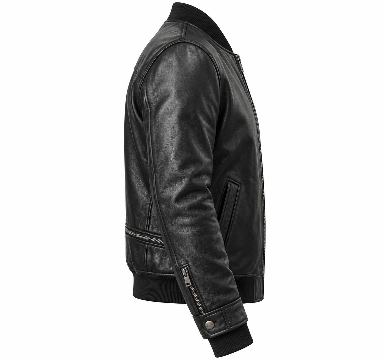 Stylish Black Sheep Leather Bomber Jacket Right Sleeve View