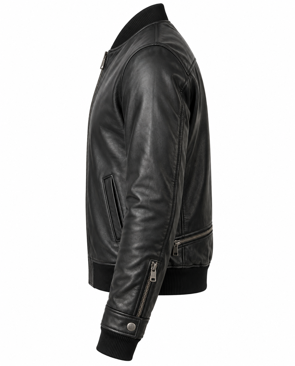 Stylish Black Sheep Leather Bomber Jacket Left Sleeve View