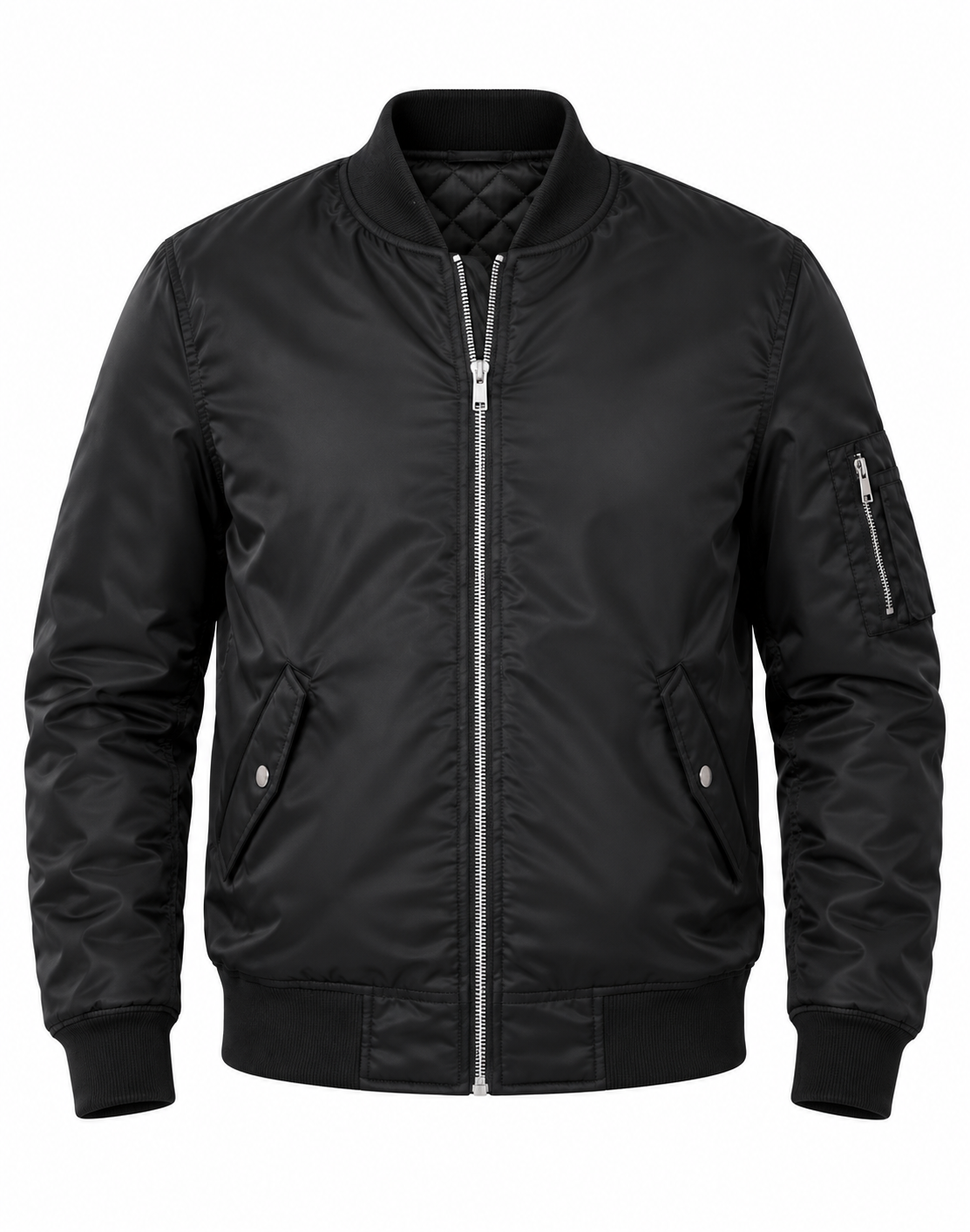 Black Nylon Bomber Jacket for Mens Front View