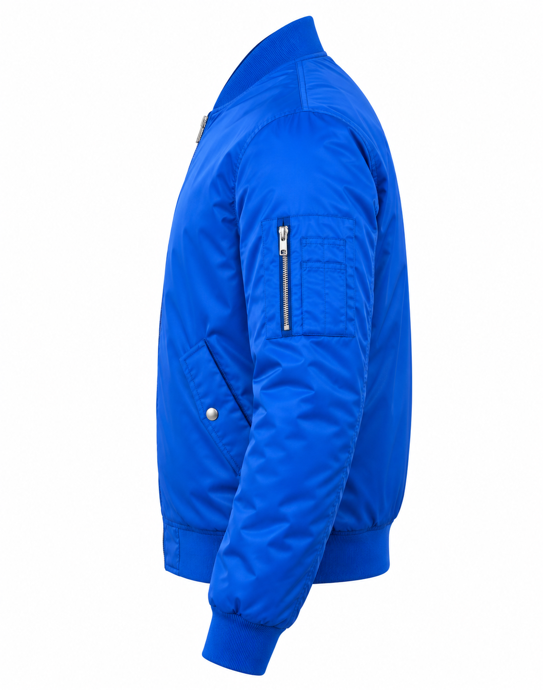 Nylon Bomber Jacket in Royal Blue Left Sleeve View