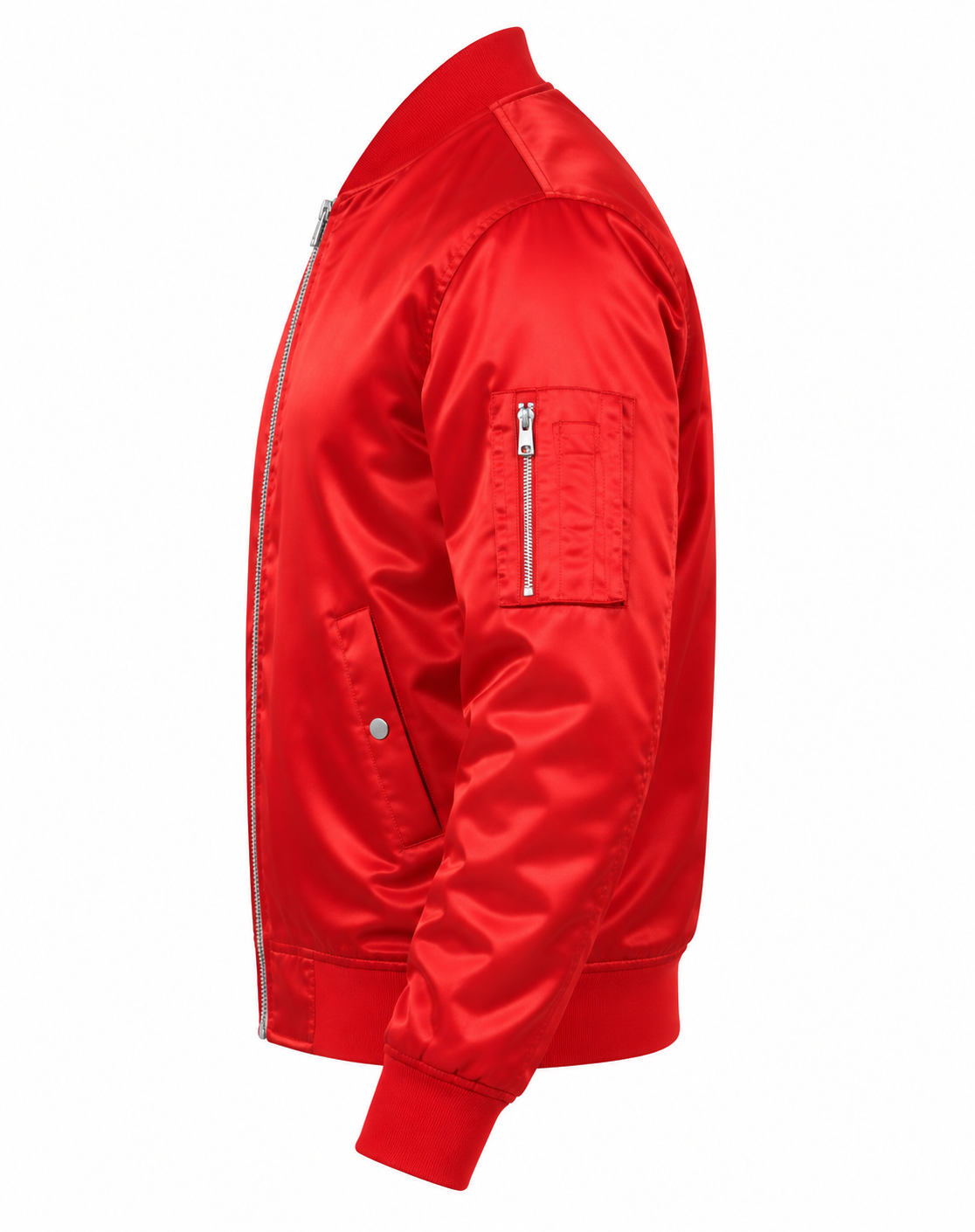 Red Satin Bomber Jacket Left Sleeve View