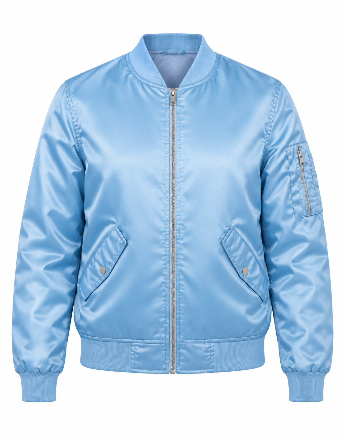 Sky Blue Satin Bomber Jacket Women Front View
