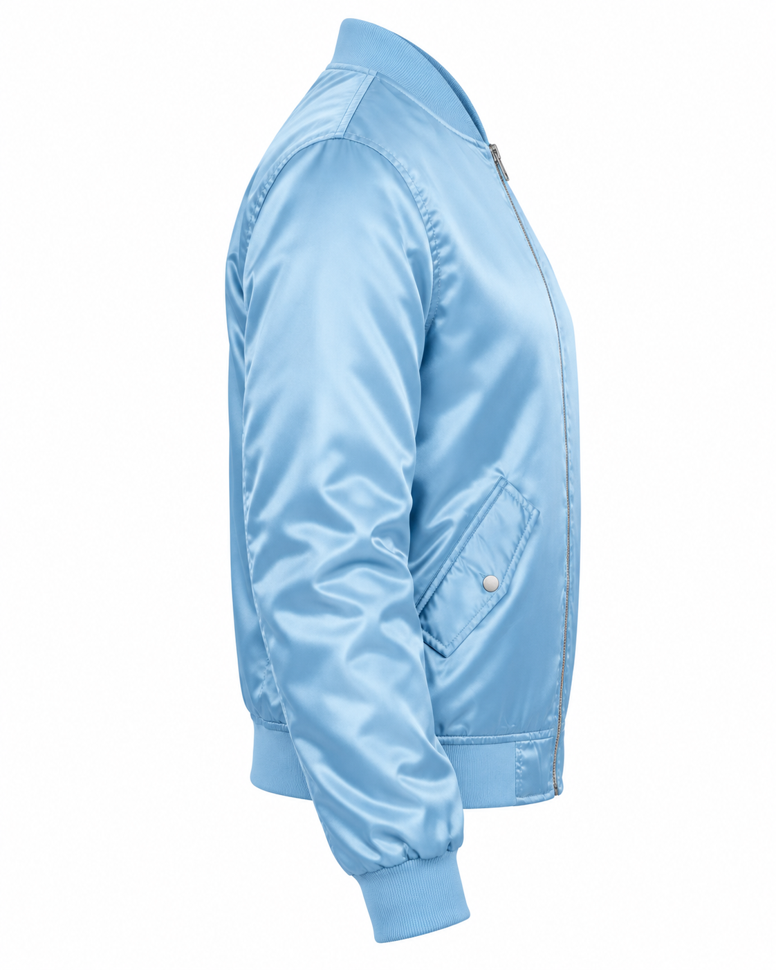 Sky Blue Satin Bomber Jacket Women Right Sleeve View