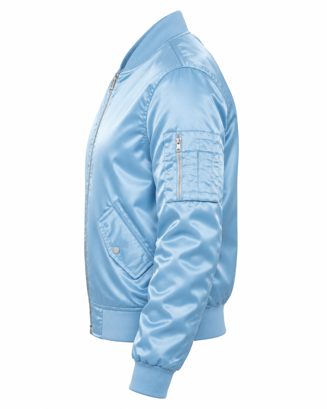 Sky Blue Satin Bomber Jacket Women Left Sleeve View