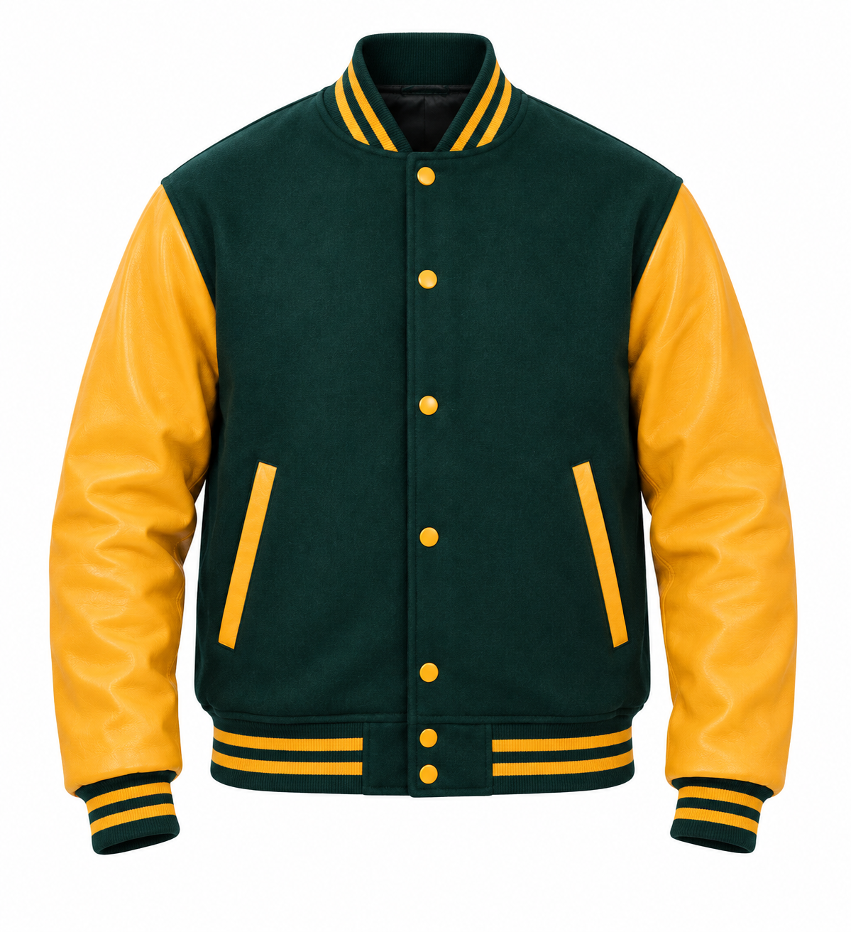 Dark Green Wool and Gold Leather Sleeves Letterman Jacket Front View