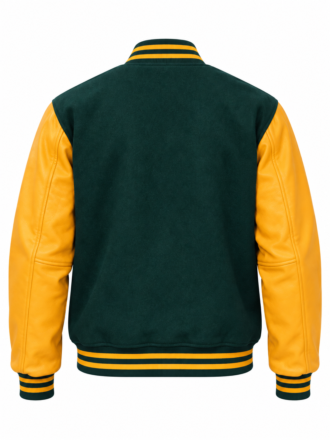 Dark Green Wool and Gold Leather Sleeves Letterman Jacket Back View