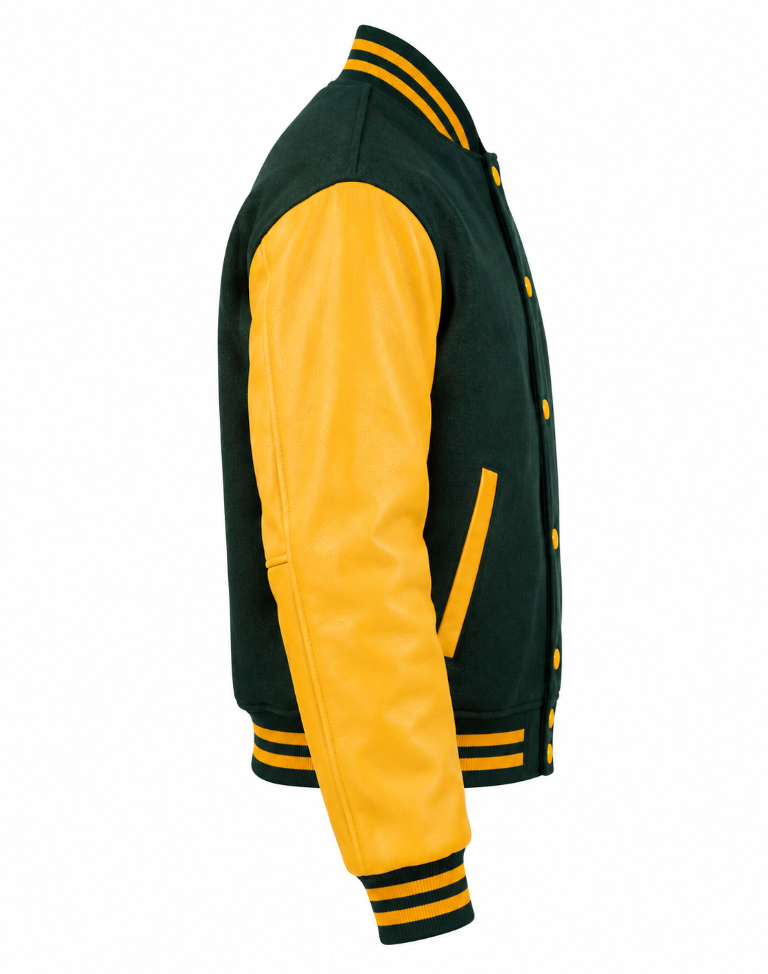 Dark Green Wool and Gold Leather Sleeves Letterman Jacket Right Sleeve View
