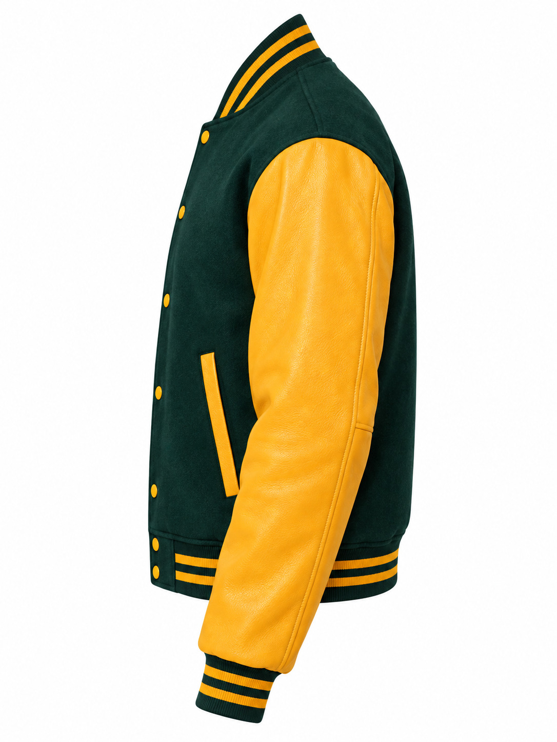 Dark Green Wool and Gold Leather Sleeves Letterman Jacket Left Sleeve View