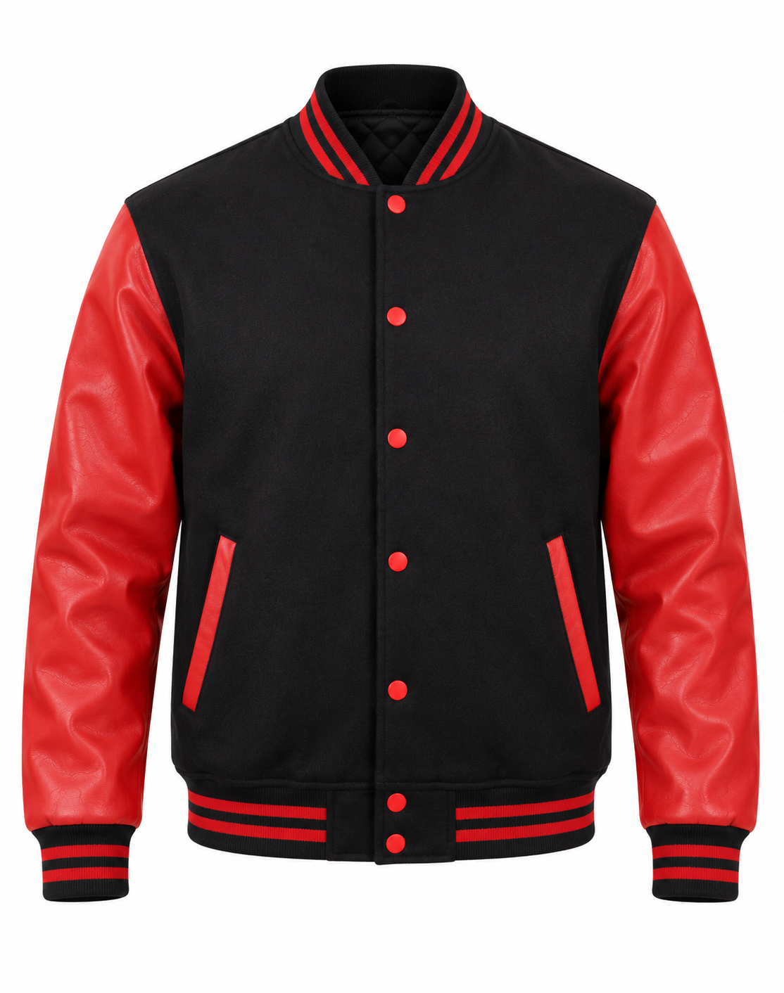 Black Wool and Red Faux Leather Sleeves Letterman Jacket Front View