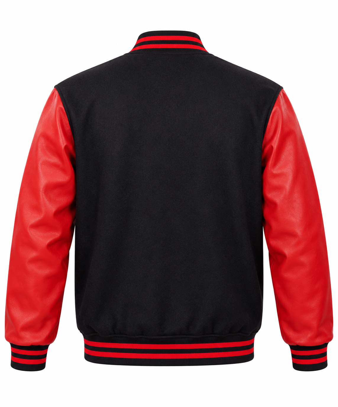 Black Wool and Red Faux Leather Sleeves Letterman Jacket Back View
