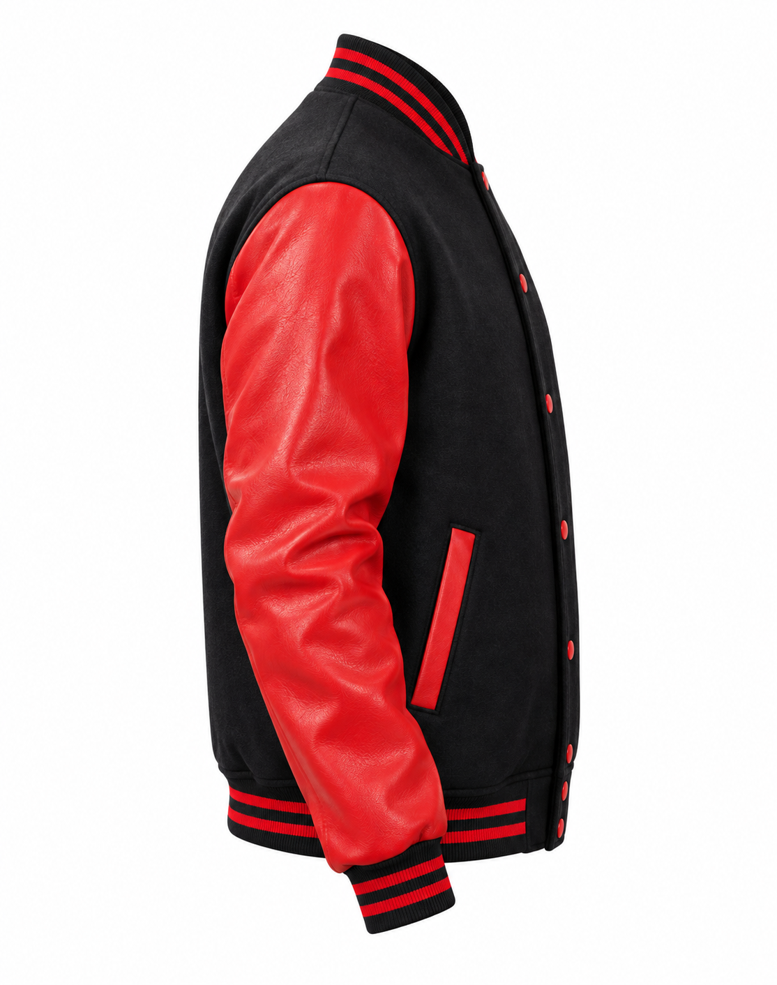 Black Wool and Red Faux Leather Sleeves Letterman Jacket Right Sleeve View