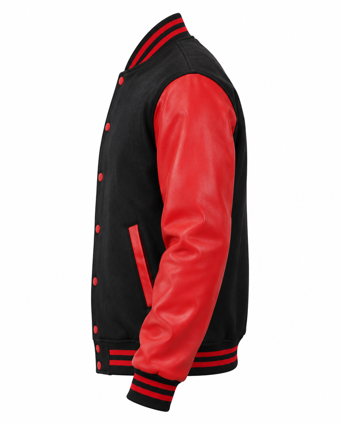 Black Wool and Red Faux Leather Sleeves Letterman Jacket Left Sleeve View
