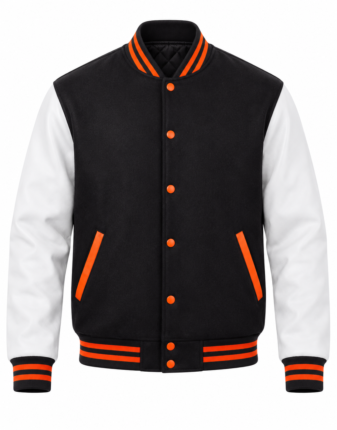 Black Wool and White Faux Leather Sleeves Varsity Jacket Front View