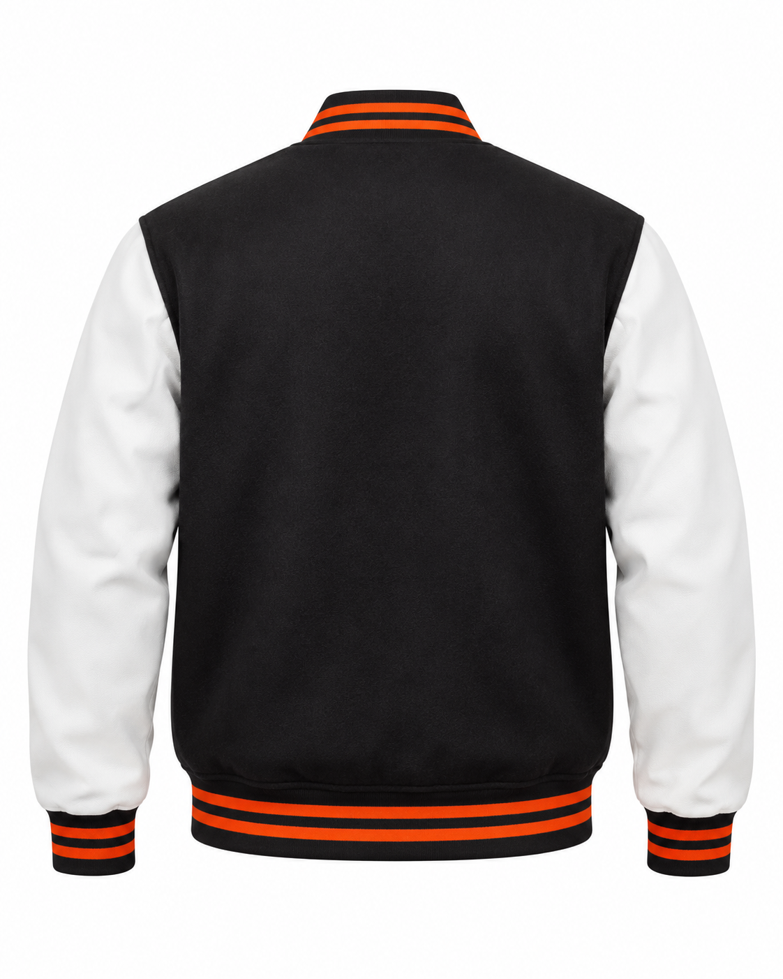 Black Wool and White Faux Leather Sleeves Varsity Jacket Back View