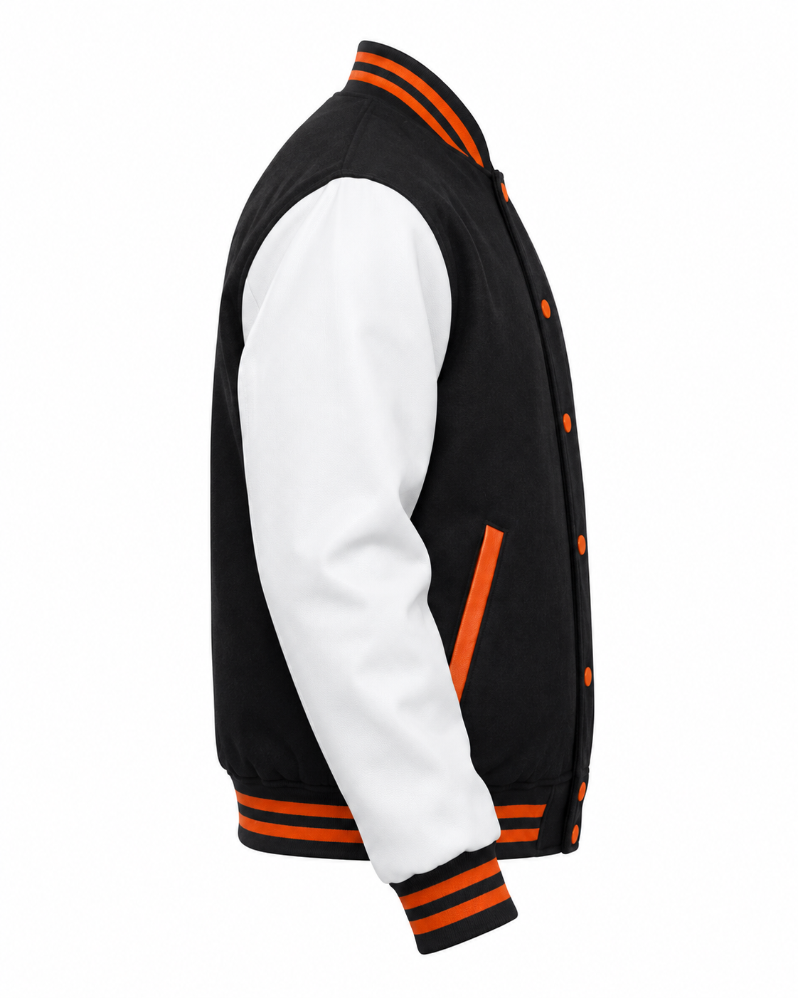 Black Wool and White Faux Leather Sleeves Varsity Jacket Right Sleeve View