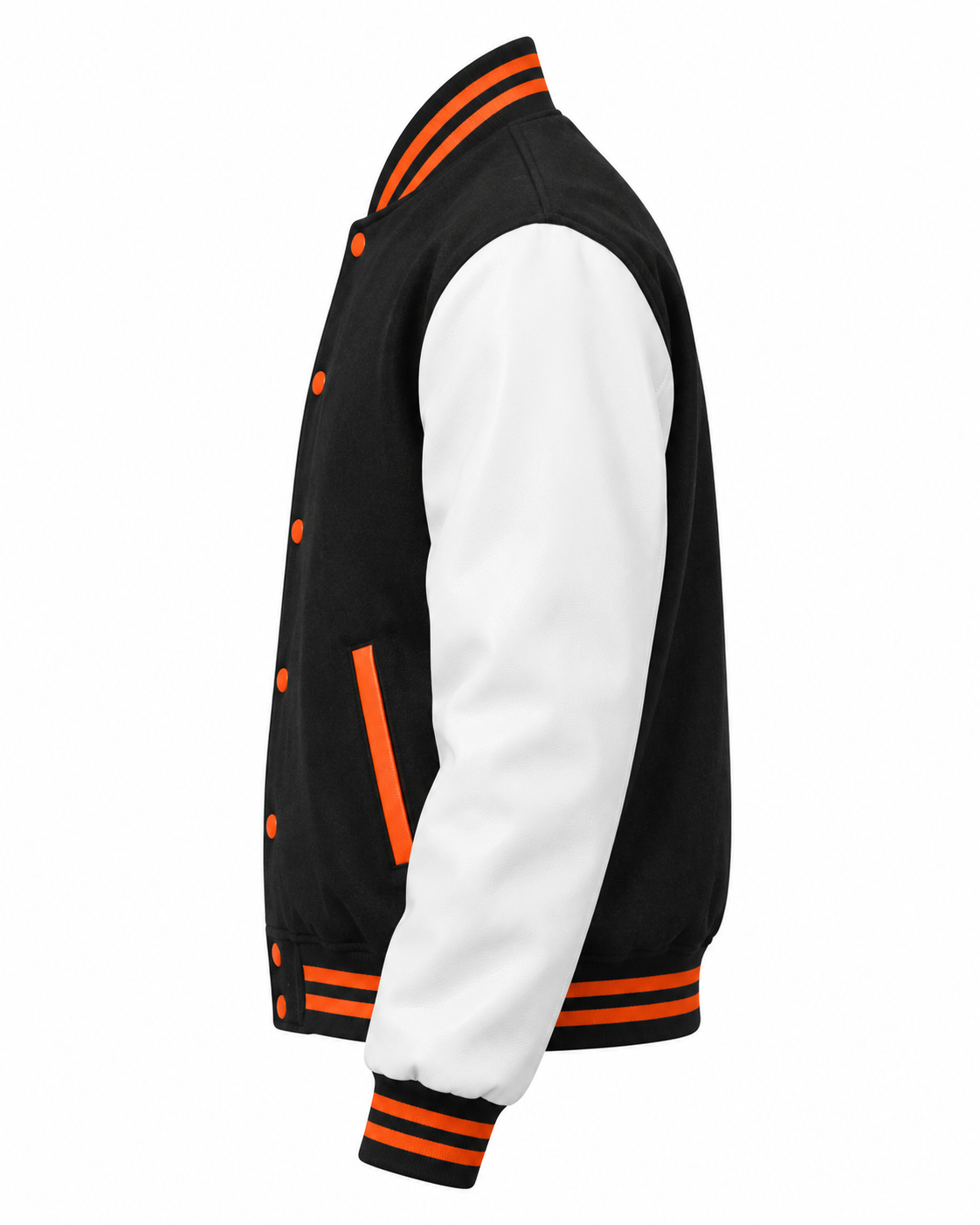 Black Wool and White Faux Leather Sleeves Varsity Jacket Left Sleeve View