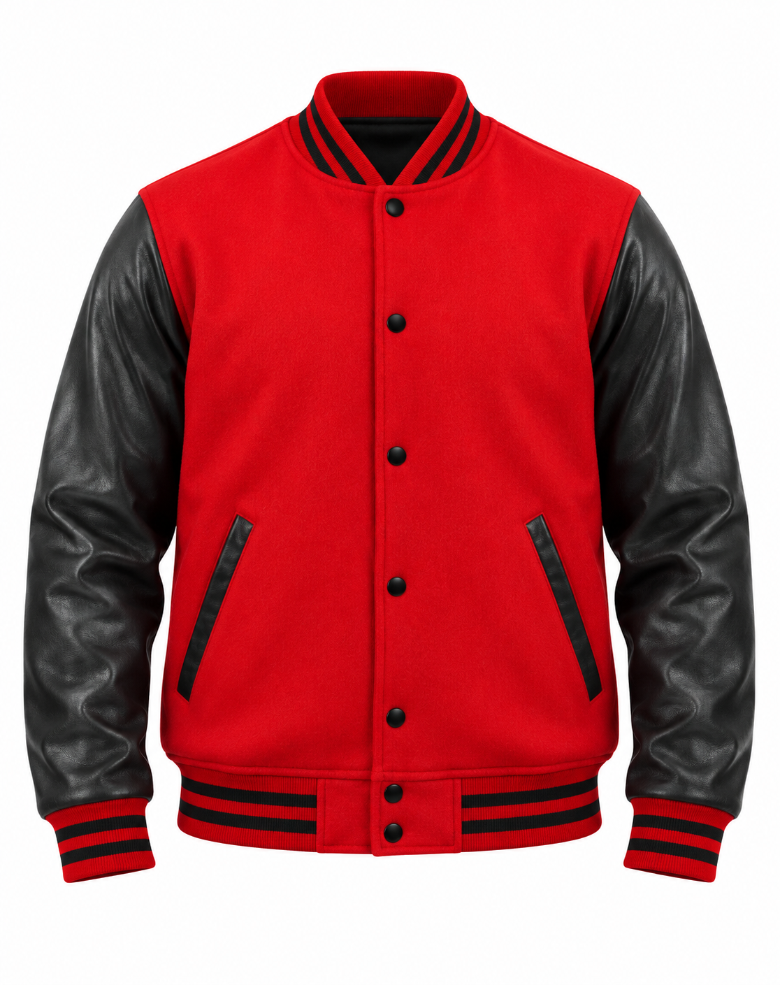 Red Wool and Black Faux Leather Sleeves Letterman Jacket Front View