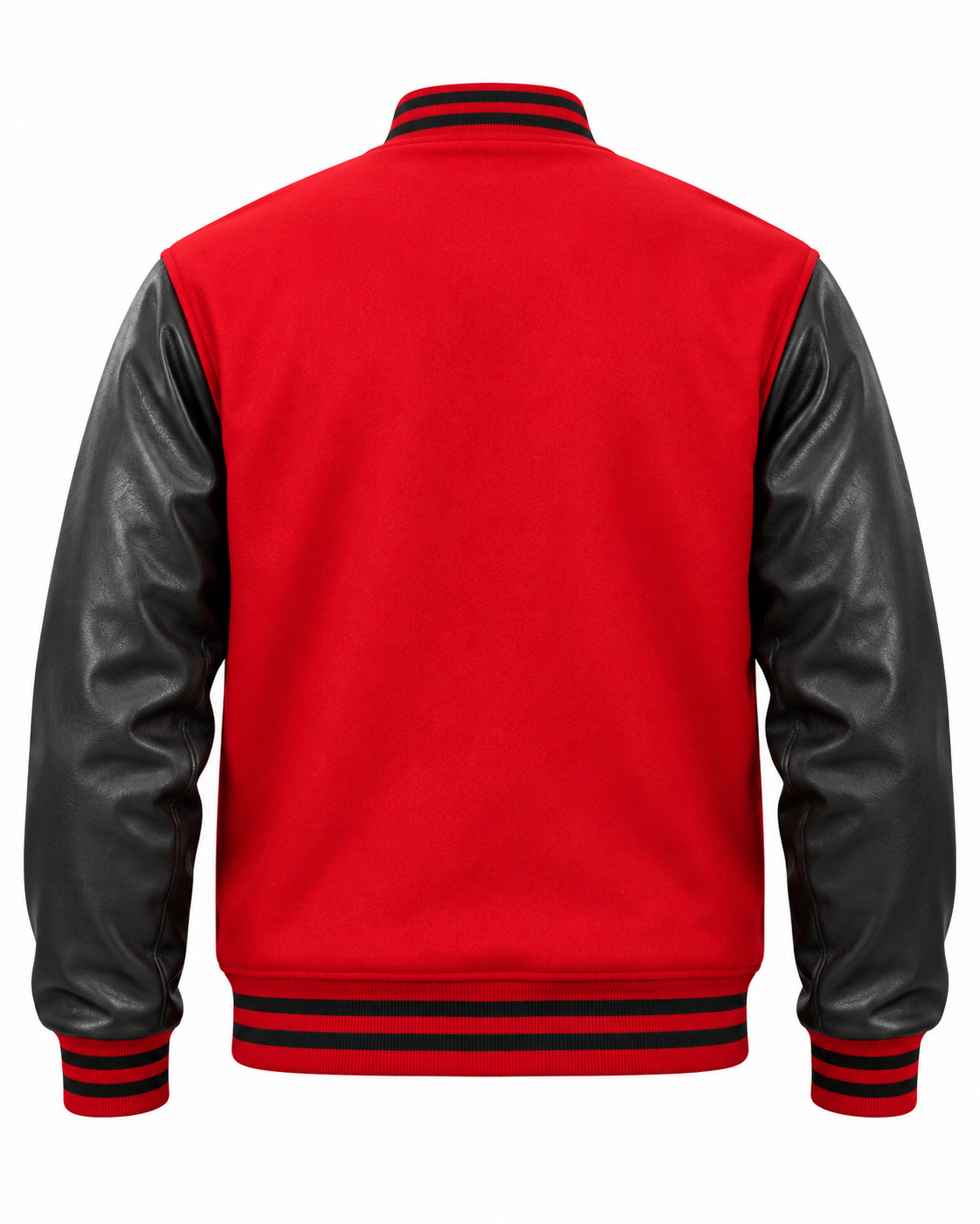 Red Wool and Black Faux Leather Sleeves Letterman Jacket Back View